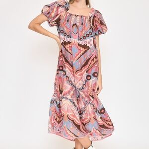Umgee Pink and Blue Patterned Midi Dress